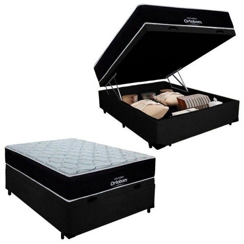 Cama Box Baú Casal Suede + Colchão Airtech Molas Ensacadas Antares Ortobom - Lar Sereno